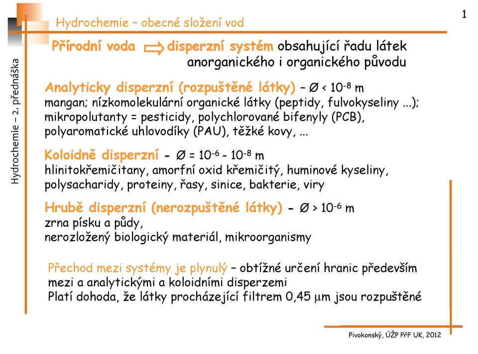 .. Koloidně disperzní - Ø = 10-6 - 10-8 m hlinitokřemičitany, amorfní oxid křemičitý, huminové kyseliny, polysacharidy, proteiny, řasy, sinice, bakterie, viry Hrubě disperzní (nerozpuštěné