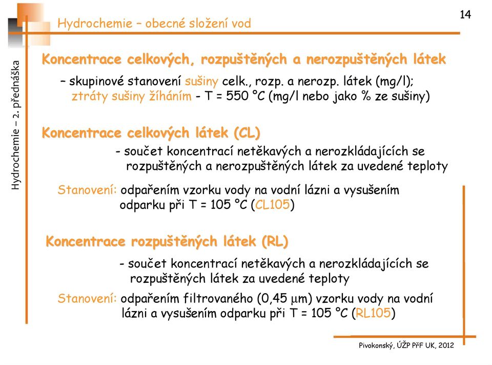 látek (mg/l); ztráty sušiny žíháním - T = 550 C (mg/l nebo jako % ze sušiny) Koncentrace celkových látek (CL) - součet koncentrací netěkavých a nerozkládajících se