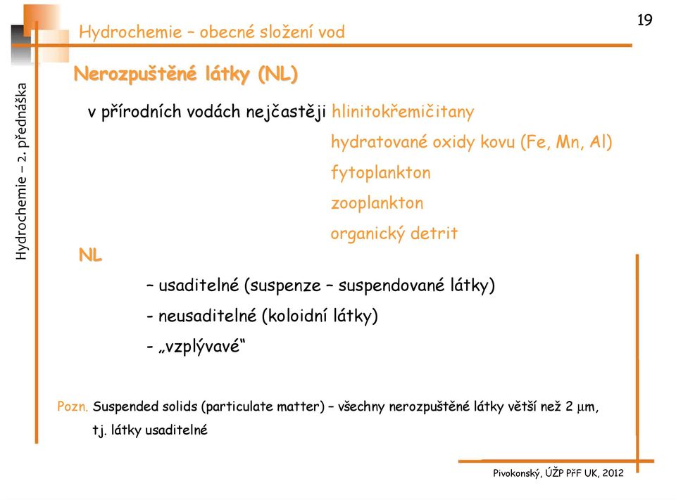 usaditelné (suspenze suspendované látky) - neusaditelné (koloidní látky) - vzplývavé