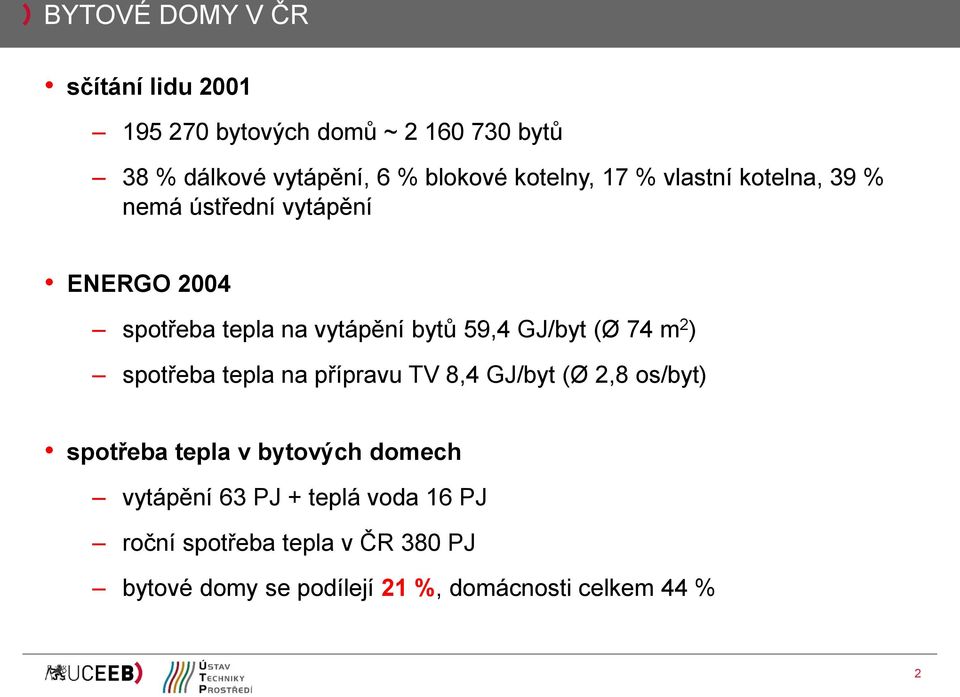 GJ/byt (Ø 74 m 2 ) spotřeba tepla na přípravu TV 8,4 GJ/byt (Ø 2,8 os/byt) spotřeba tepla v bytových domech