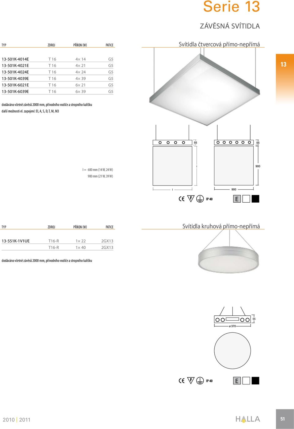 mm, přívodního vodiče a stropního kalíšku I = 600 mm (14 W, 24 W) 900 mm (21 W, 39 W) l l Svítidla kruhová přímo-nepřímá