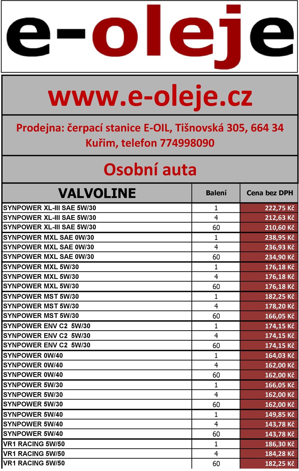 SAE 5W/30 60 210,60 Kč SYNPOWER MXL SAE 0W/30 1 238,95 Kč SYNPOWER MXL SAE 0W/30 4 236,93 Kč SYNPOWER MXL SAE 0W/30 60 234,90 Kč SYNPOWER MXL 5W/30 1 176,18 Kč SYNPOWER MXL 5W/30 4 176,18 Kč SYNPOWER