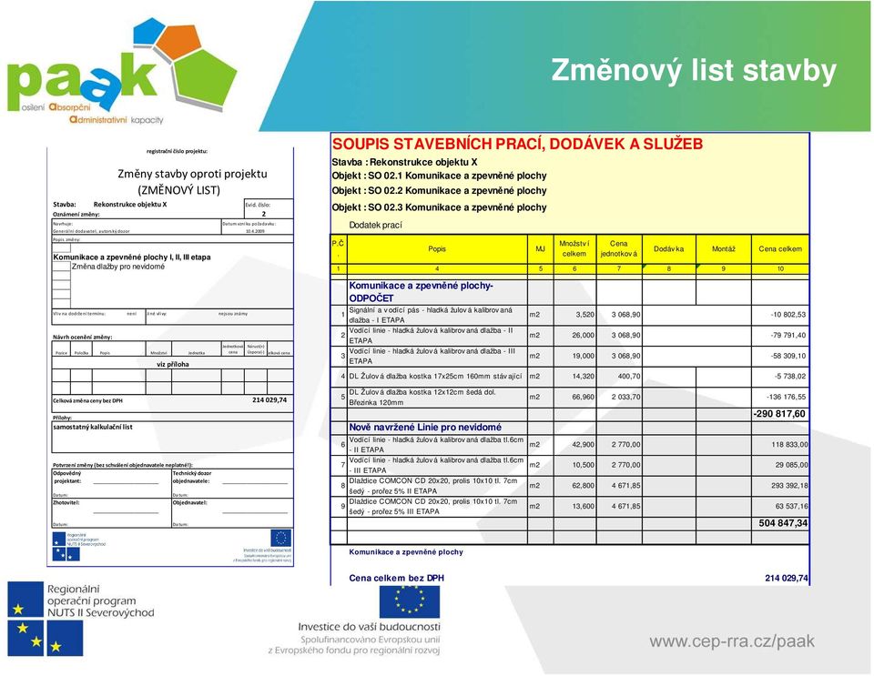 Datum vzniku požadavku: 10.4.2009 SOUPIS STAVEBNÍCH PRACÍ, DODÁVEK A SLUŽEB Stavba : Rekonstrukce objektu X Objekt : SO 02.1 Komunikace a zpevněné plochy Objekt : SO 02.