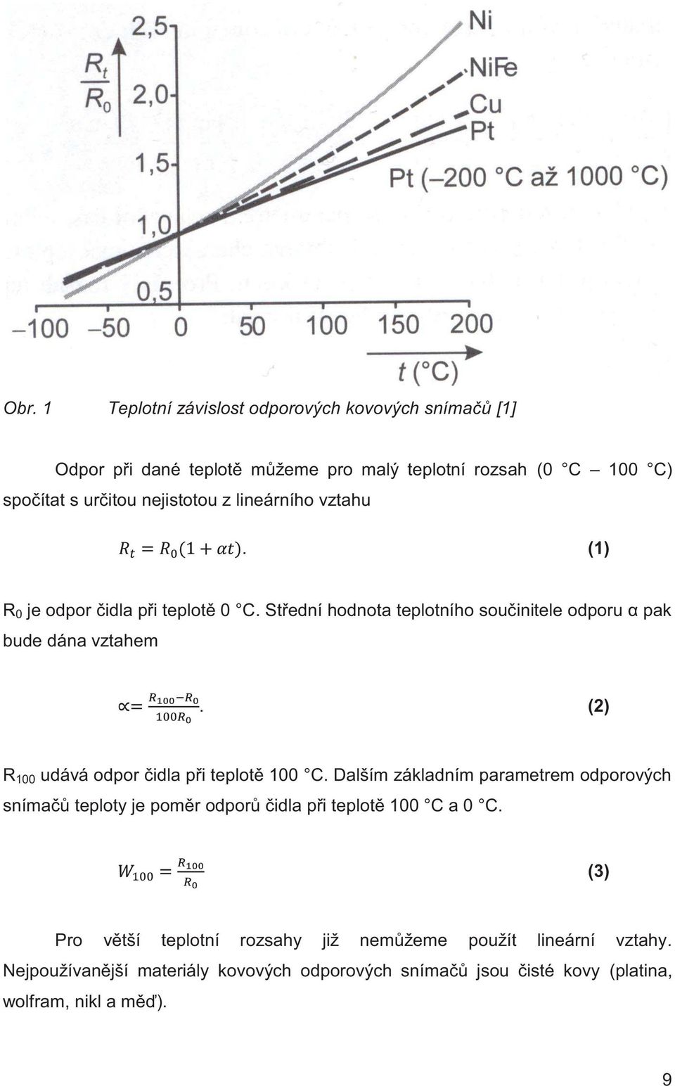 (2) R 100 udává odpor čidla při teplotě 100 C. Dalším základním parametrem odporových snímačů teploty je poměr odporů čidla při teplotě 100 C a 0 C.