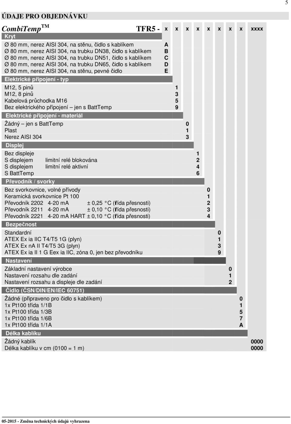 Kabelová průchodka M16 5 Bez elektrického přípojení jen s BattTemp 9 Elektrické připojení - materiál Žádný jen s BattTemp 0 Plast 1 Nerez AISI 304 3 Displej Bez displeje 1 S displejem limitní relé