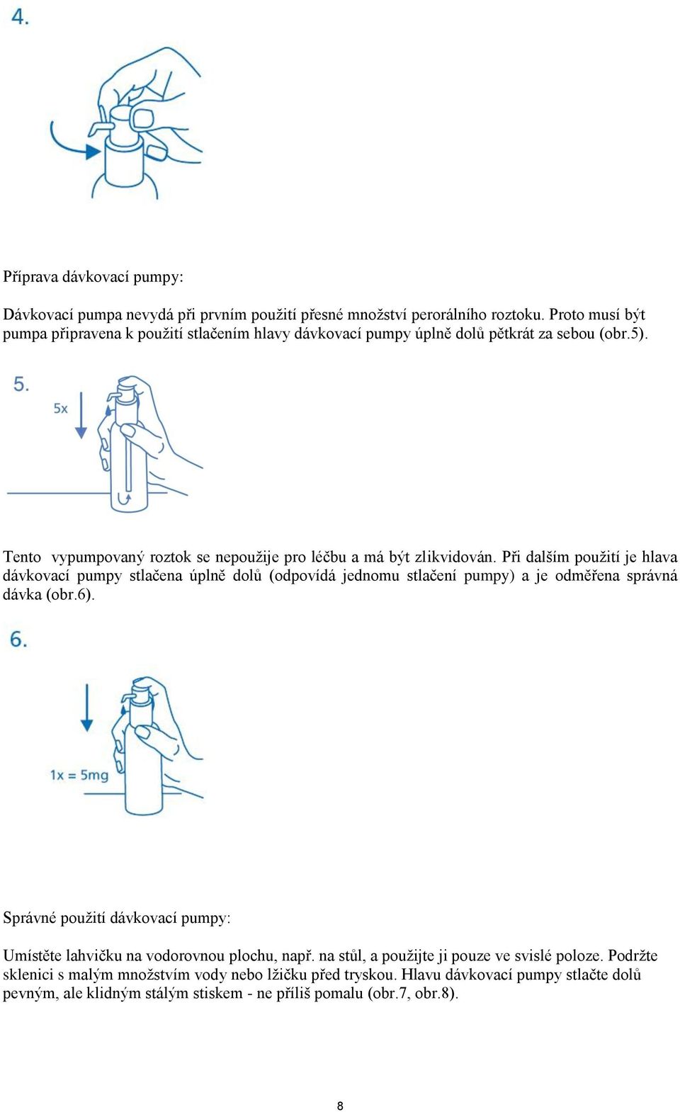 Při dalším použití je hlava dávkovací pumpy stlačena úplně dolů (odpovídá jednomu stlačení pumpy) a je odměřena správná dávka (obr.6).