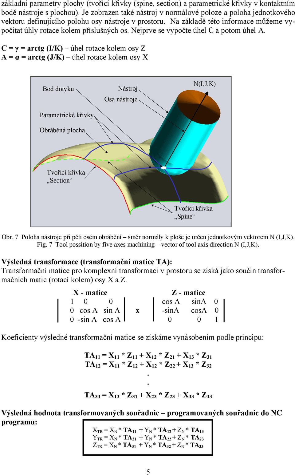 osy Z A = α = arctg (J/K) úhel rotace kolem osy X Bod dotyku Parametrické křivky Obráběná plocha Nástroj Osa nástroje N(I,J,K) Tvořící křivka Section Tvořící křivka Spine Obr 7 Poloha nástroje při