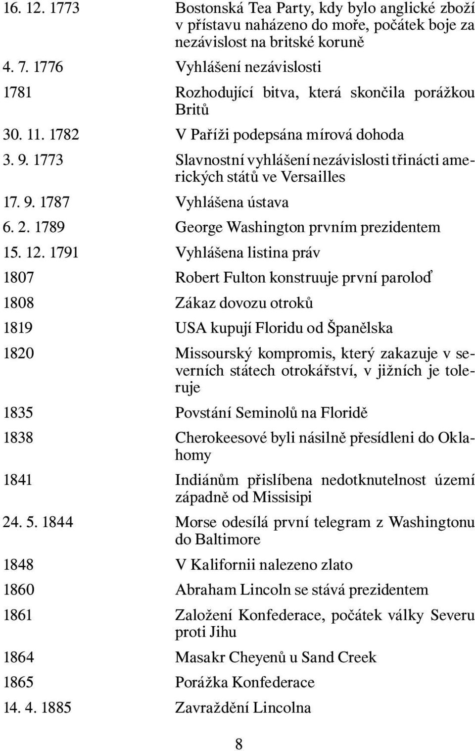 1773 Slavnostní vyhlášení nezávislosti třinácti amerických států ve Versailles 17. 9. 1787 Vyhlášena ústava 6. 2. 1789 George Washington prvním prezidentem 15. 12.