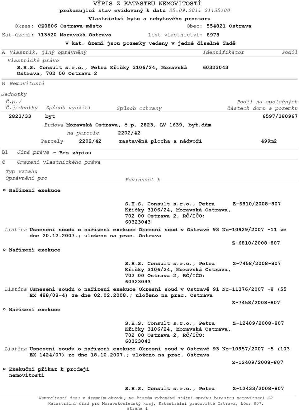 dům Podíl na společných částech domu a pozemku 2823/33 byt 6597/380967 na parcele 2202/42 2202/42 zastavěná plocha a nádvoří 499m2 B1 Jiná práva - Bez zápisu C Omezení vlastnického práva o Nařízení