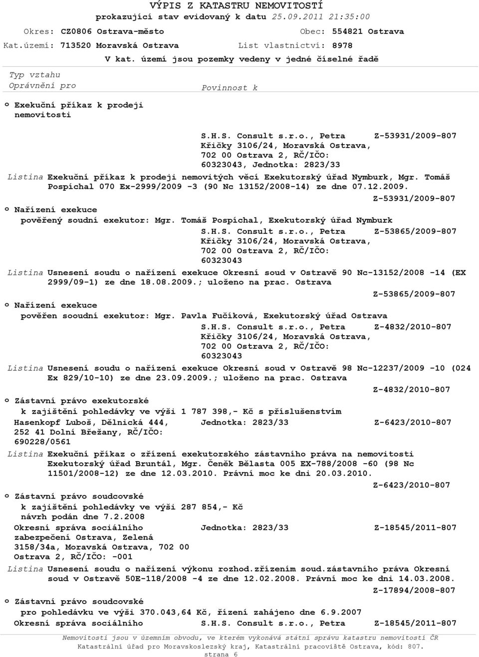 08.2009.; uloženo na prac. Ostrava Z-53865/2009-807 pověřen sooudní exekutor: Mgr. Pavla Fučíková, Exekutorský úřad Ostrava S.H.S. Consult s.r.o., Petra Z-4832/2010-807 Listina Usnesení soudu o nařízení exekuce Okresní soud v Ostravě 98 Nc-12237/2009-10 (024 Ex 829/10-10) ze dne 23.