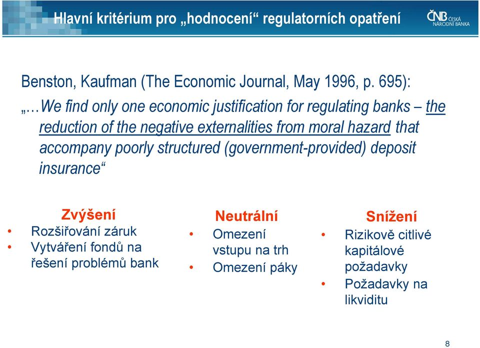 hazard that accompany poorly structured (government-provided) deposit insurance Zvýšení Rozšiřování záruk Vytváření fondů