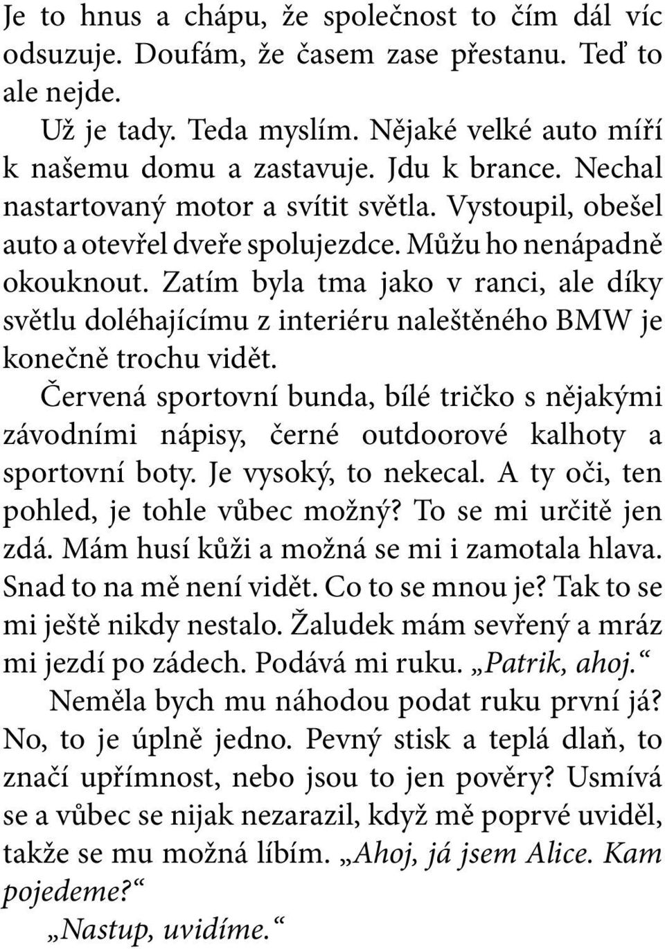 Zatím byla tma jako v ranci, ale díky světlu doléhajícímu z interiéru naleštěného BMW je konečně trochu vidět.