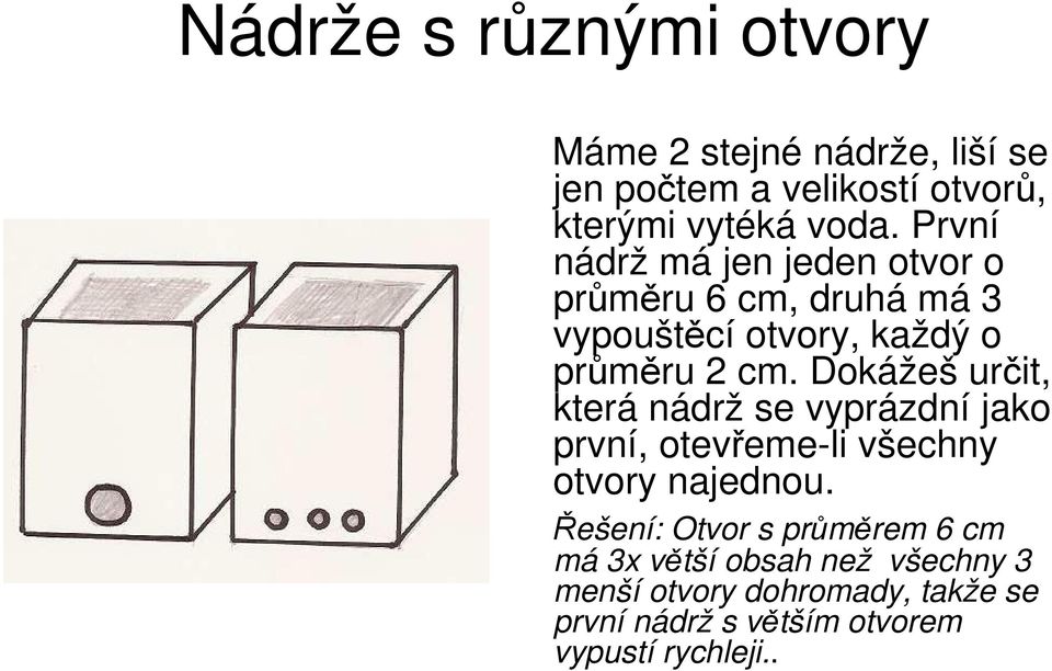 Dokážeš určit, která nádrž se vyprázdní jako první, otevřeme-li všechny otvory najednou.