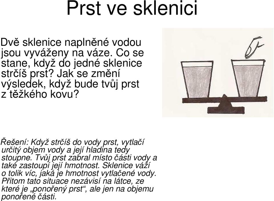 Řešení: Když strčíš do vody prst, vytlačí určitý objem vody a její hladina tedy stoupne.