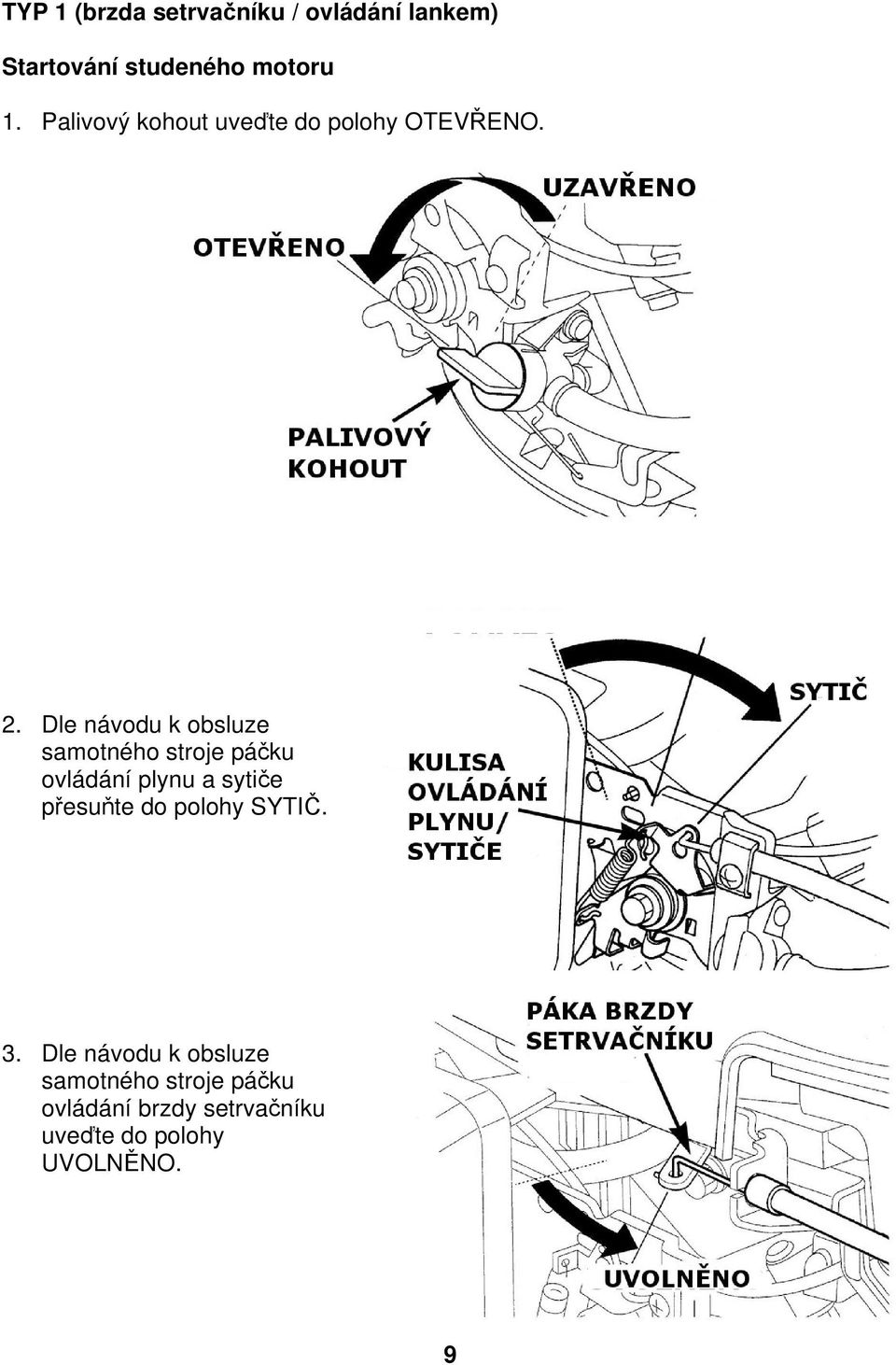 Dle návodu k obsluze samotného stroje páčku ovládání plynu a sytiče přesuňte do