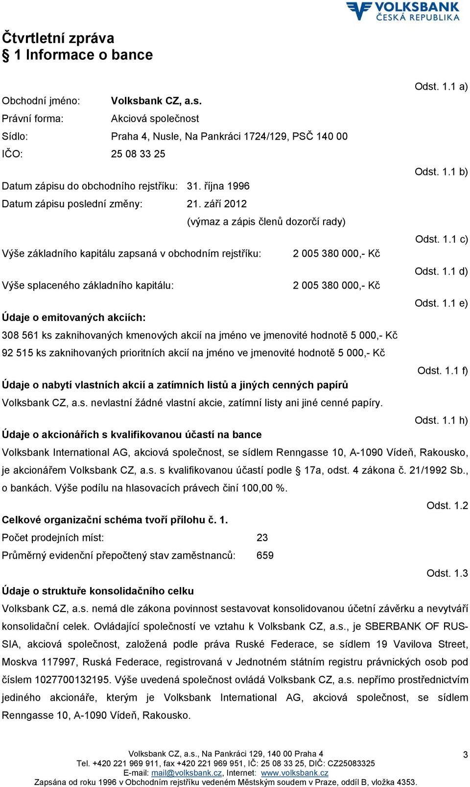 1.1 e) Údaje o emitovaných akciích: 308 561 ks zaknihovaných kmenových akcií na jméno ve jmenovité hodnotě 5 000,- Kč 92 515 ks zaknihovaných prioritních akcií na jméno ve jmenovité hodnotě 5 000,-