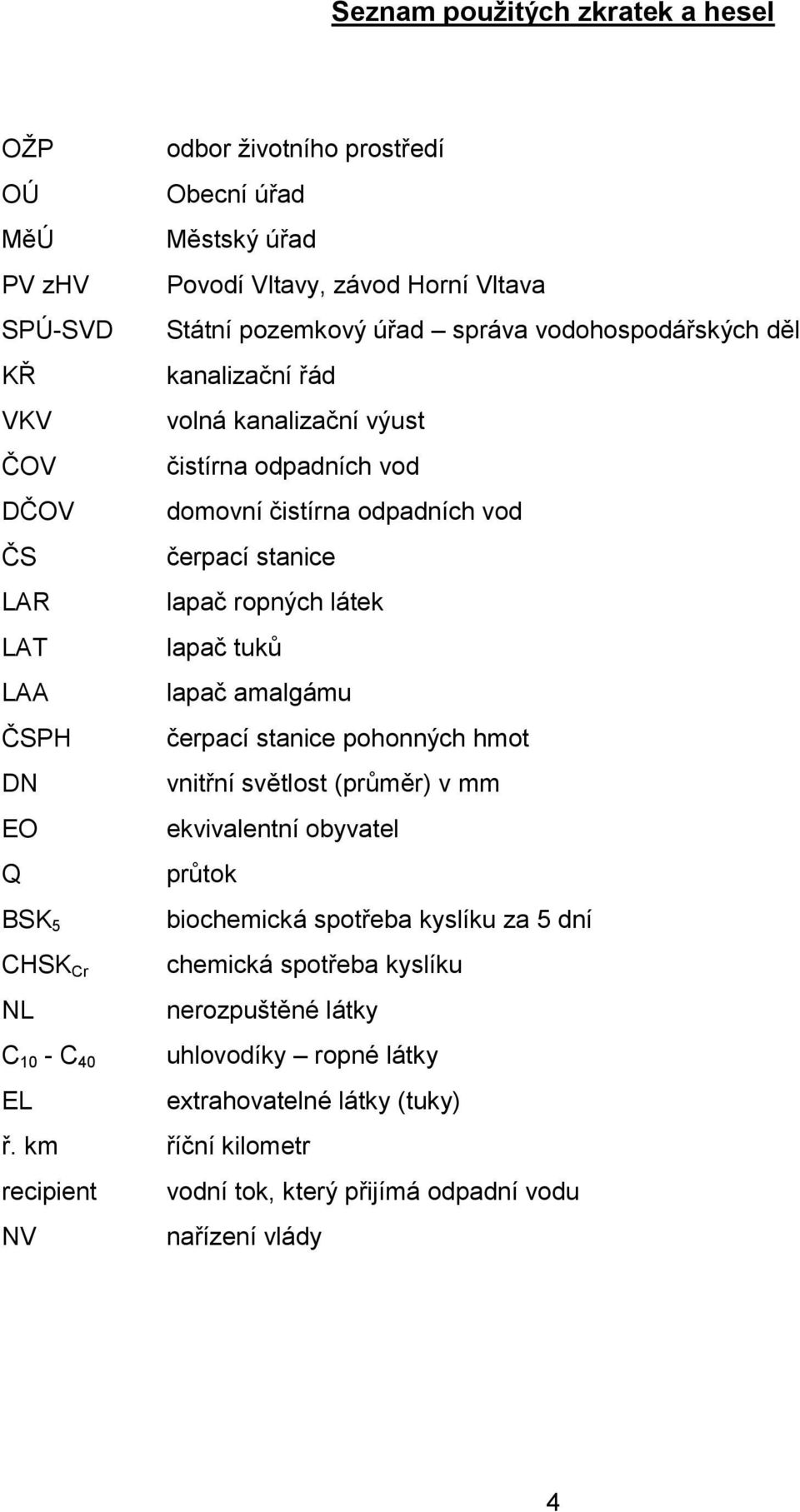 tuků LAA lapač amalgámu ČSPH čerpací stanice pohonných hmot DN vnitřní světlost (průměr) v mm EO ekvivalentní obyvatel Q průtok BSK 5 biochemická spotřeba kyslíku za 5 dní CHSK Cr