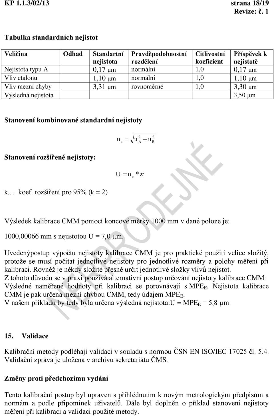 nejistoty: U c * k... koef. rozšíření pro 95% (k = ) Výsledek kalibrace CMM pomocí koncové měrky 1000 mm v dané poloze je: 1000,00066 mm s nejistoto U = 7,0 µm.