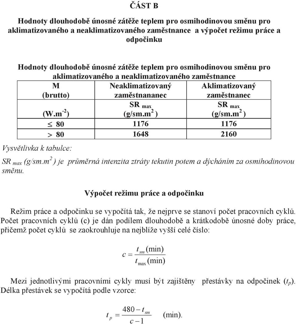 m 2 ) 80 1176 1176 80 1648 2160 Vysvětlivka k tabulce: SR max (g/sm.m 2 ) je průměrná intenzita ztráty tekutin potem a dýcháním za osmihodinovou směnu.