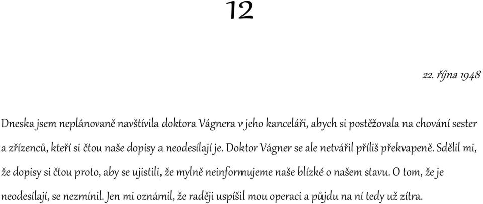 sester a zřízenců, kteří si čtou naše dopisy a neodesílají je. Doktor Vágner se ale netvářil příliš překvapeně.