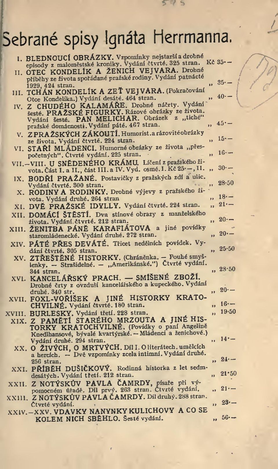 Drobné nárty. Vydání šesté. PRAŽSKÉ FIGURKY. Rázové obrázky ze života Vydání šesté. PAN MELICHAR. Obrázek z tiché pražské domácnosti. Vydání páté. 467 stran. 45* V. ZPRAŽSKÝCHZÁKOUTÍ.Humorist.