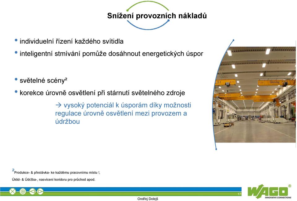 zdroje vysoký potenciál k úsporám díky možnosti regulace úrovně osvětlení mezi provozem a údržbou