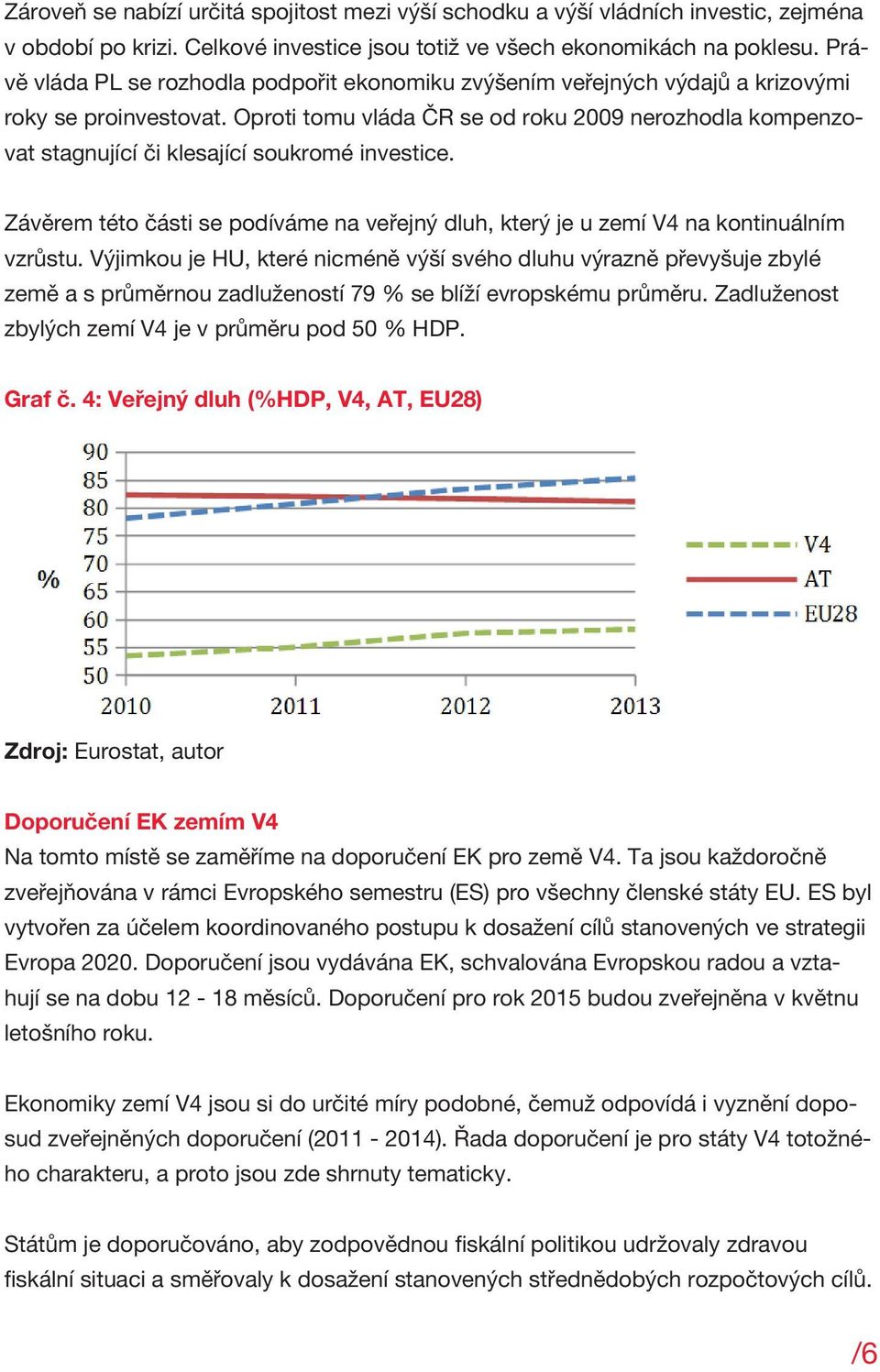 Oproti tomu vláda ČR se od roku 2009 nerozhodla kompenzovat stagnující či klesající soukromé investice. Závěrem této části se podíváme na veřejný dluh, který je u zemí V4 na kontinuálním vzrůstu.