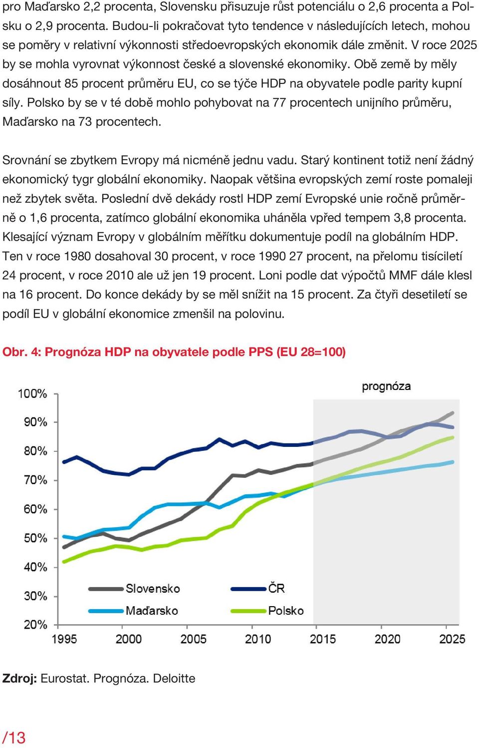 V roce 2025 by se mohla vyrovnat výkonnost české a slovenské ekonomiky. Obě země by měly dosáhnout 85 procent průměru EU, co se týče HDP na obyvatele podle parity kupní síly.