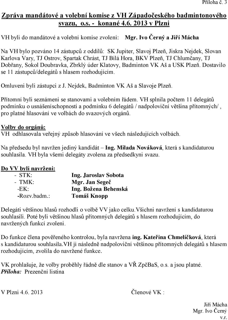 Dobřany, Sokol Doubravka, Zbrklý úder Klatovy, Badminton VK Aš a USK Plzeň. Dostavilo se 11 zástupců/delegátů s hlasem rozhodujícím. Omluveni byli zástupci z J.