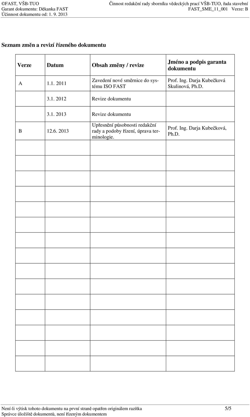 1. 2013 Revize dokumentu B 12.6. 2013 Upřesnění působnosti redakční rady a podoby řízení, úprava terminologie.