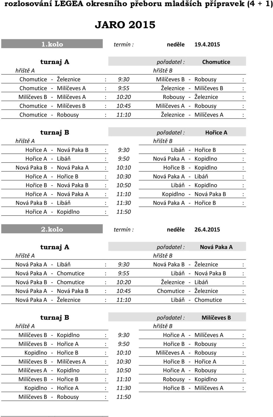 2015 turnaj A pořadatel : Chomutice Chomutice - Železnice : 9:30 Milíčeves B - Robousy : Chomutice - Milíčeves A : 9:55 Železnice - Milíčeves B : Milíčeves B - Milíčeves A : 10:20 Robousy - Železnice