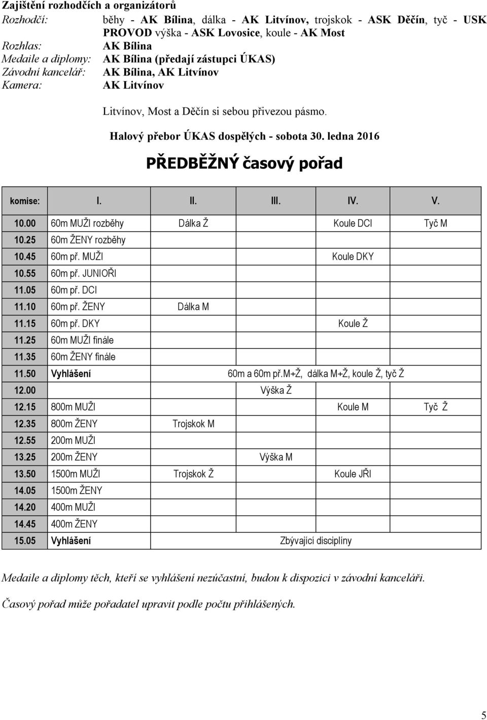 ledna 2016 PŘEDBĚŽNÝ časový pořad komise: I. II. III. IV. V. 10.00 60m MUŽI rozběhy Dálka Ž Koule DCI Tyč M 10.25 60m ŽENY rozběhy 10.45 60m př. MUŽI Koule DKY 10.55 60m př. JUNIOŘI 11.05 60m př.