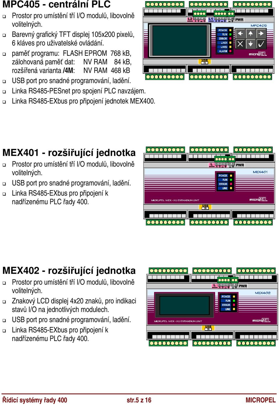 Linka RS485-EXbus pro připojení jednotek MEX400. L2 69 68 67 66 L1 65 64 63 62 61 PWR MEX401 - rozšiřující jednotka Prostor pro umístění tří I/O modulů, libovolně volitelných.