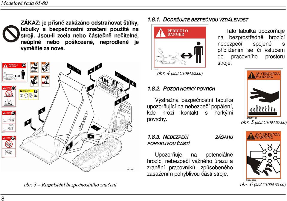 8.1. DODRŽUJTE BEZPEČNOU VZDÁLENOST Tato tabulka upozorňuje na bezprostředně hrozící nebezpečí spojené s přiblížením se či vstupem do pracovního prostoru stroje. obr. 4 (kód C1094.02.