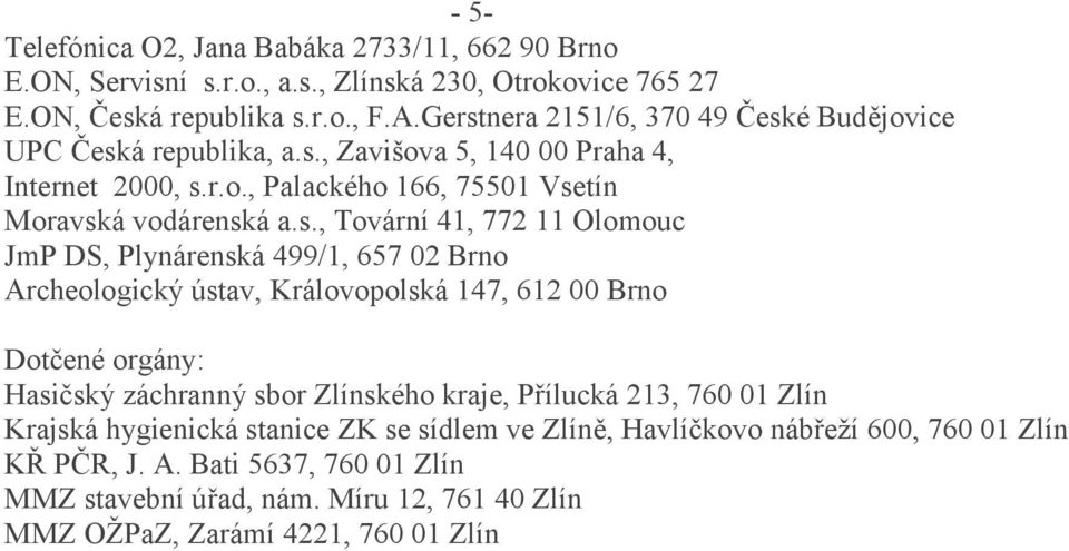 41, 772 11 Olomouc JmP DS, Plynárenská 499/1, 657 02 Brno Archeologický ústav, Královopolská 147, 612 00 Brno Dotčené orgány: Hasičský záchranný sbor Zlínského kraje, Přílucká 213,