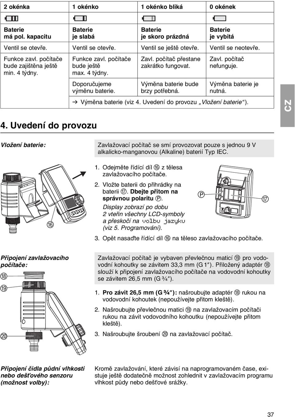 max. 4 tэdny. Doporuиujeme Vэmмna baterie bude Vэmмna baterie je vэmмnu baterie. brzy potшebnб. nutnб. v Vэmмna baterie (viz 4. Uvedenн do provozu Vloћenн baterie ). 4. Uvedenн do provozu Vloћenн baterie: Zavlaћovacн poинtaи se smн provozovat pouze s jednou 9 V alkalicko-manganovou (Alkaline) bateriн Typ IEC.