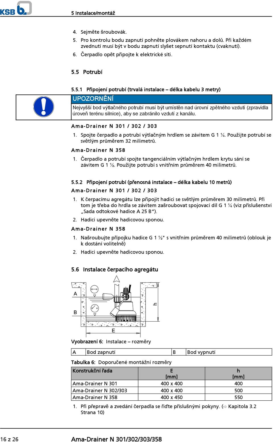 5 Potrubí 5.5.1 Připojení potrubí (trvalá instalace délka kabelu 3 metry) UPOZORNĚNÍ Nejvyšší bod výtlačného potrubí musí být umístěn nad úrovní zpětného vzdutí (zpravidla úroveň terénu silnice), aby