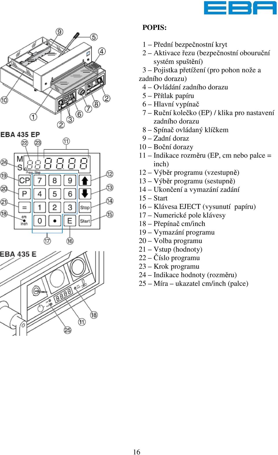 nebo palce = inch) 12 Výběr programu (vzestupně) 13 Výběr programu (sestupně) 14 Ukončení a vymazání zadání 15 Start 16 Klávesa EJECT (vysunutí papíru) 17 Numerické pole