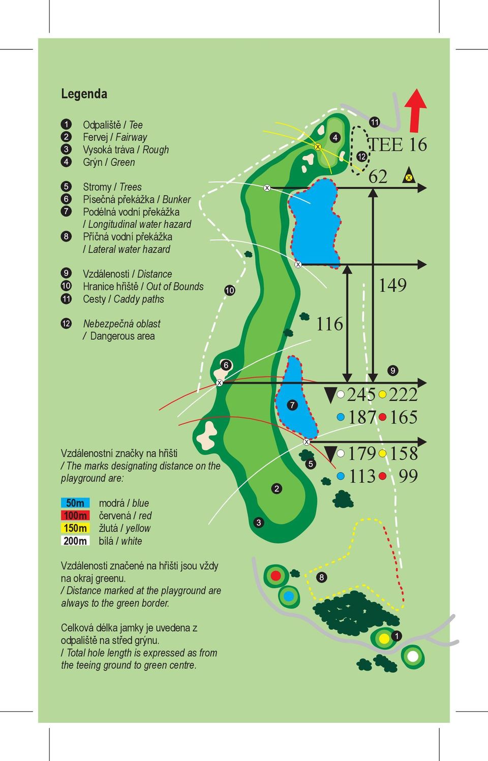 designating distance on the playground are: 0m 100m 10m 200m modrá / blue červená / red žlutá / yellow bílá / white Vzdálenosti značené na hřišti jsou vždy na okraj greenu.