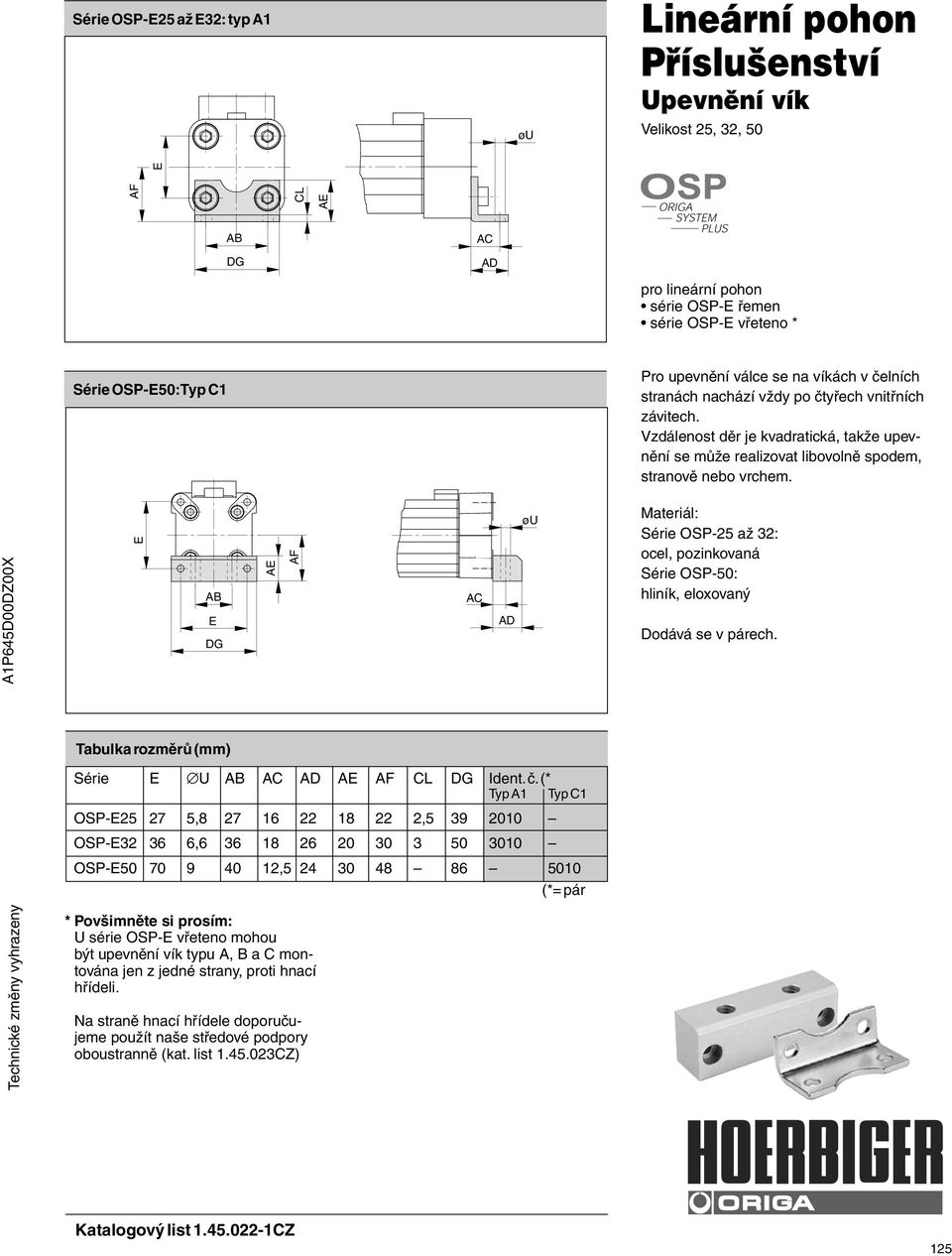 A1P645D00DZ00X AB DG A AC AD øu Materiál: Série OSP-25 až 32: ocel, pozinkovaná Série OSP-50: hliník, eloxovaný Dodává se v párech. Série U AB AC AD A CL DG Ident. č.