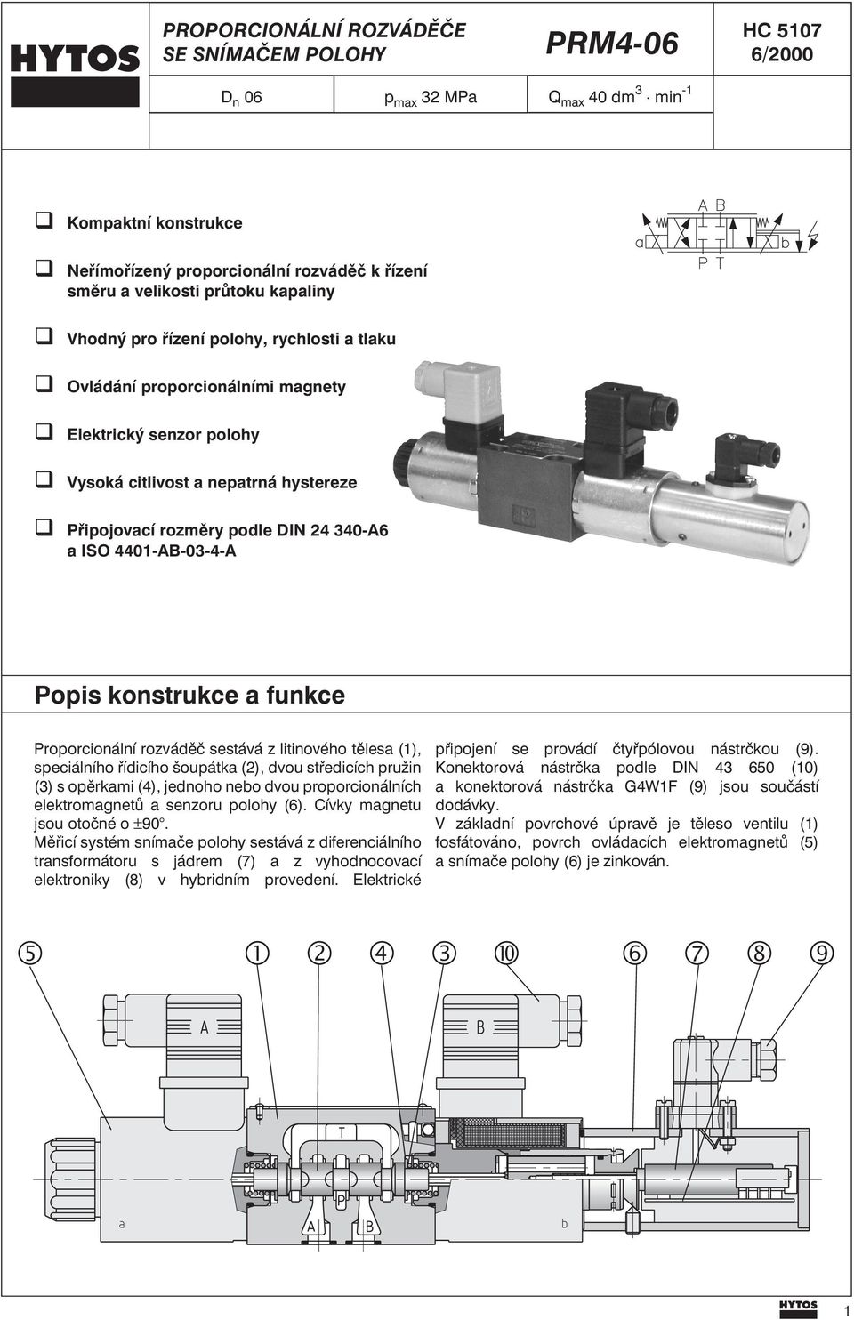 4401-AB-03-4-A Popis konstrukce a funkce Proporcionální rozváděč sestává z litinového tělesa (1), speciálního řídicího šoupátka (), dvou středicích pružin (3) s opěrkami (4), jednoho nebo dvou