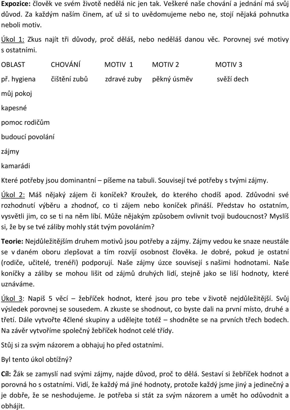 hygiena čištění zubů zdravé zuby pěkný úsměv svěží dech můj pokoj kapesné pomoc rodičům budoucí povolání zájmy kamarádi Které potřeby jsou dominantní píšeme na tabuli.