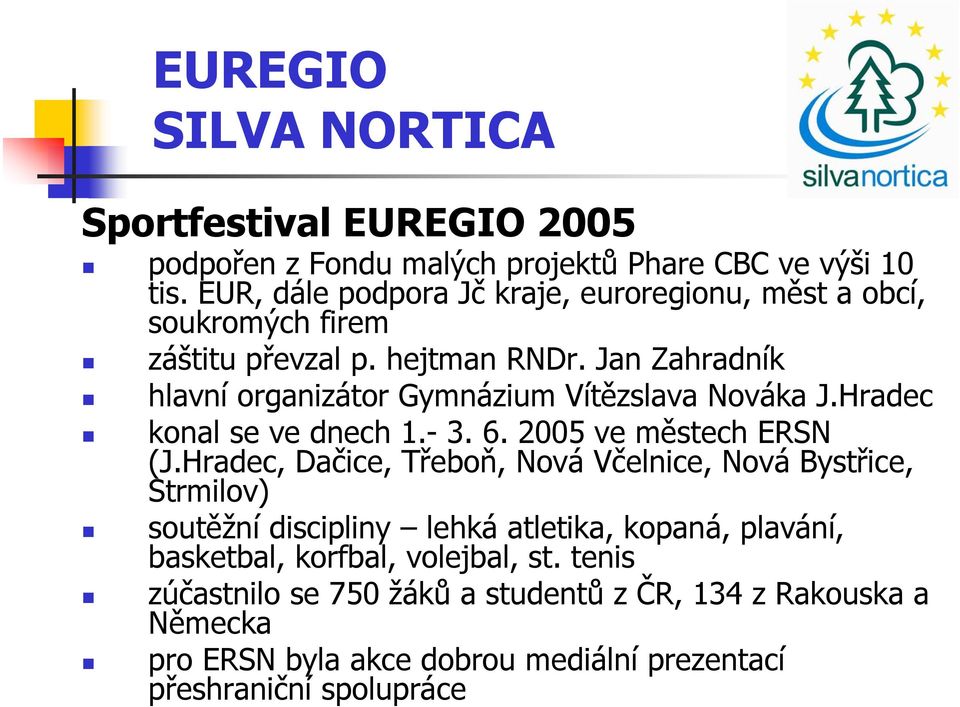 Jan Zahradník hlavní organizátor Gymnázium Vítězslava Nováka J.Hradec konal se ve dnech 1.- 3. 6. 2005 ve městech ERSN (J.