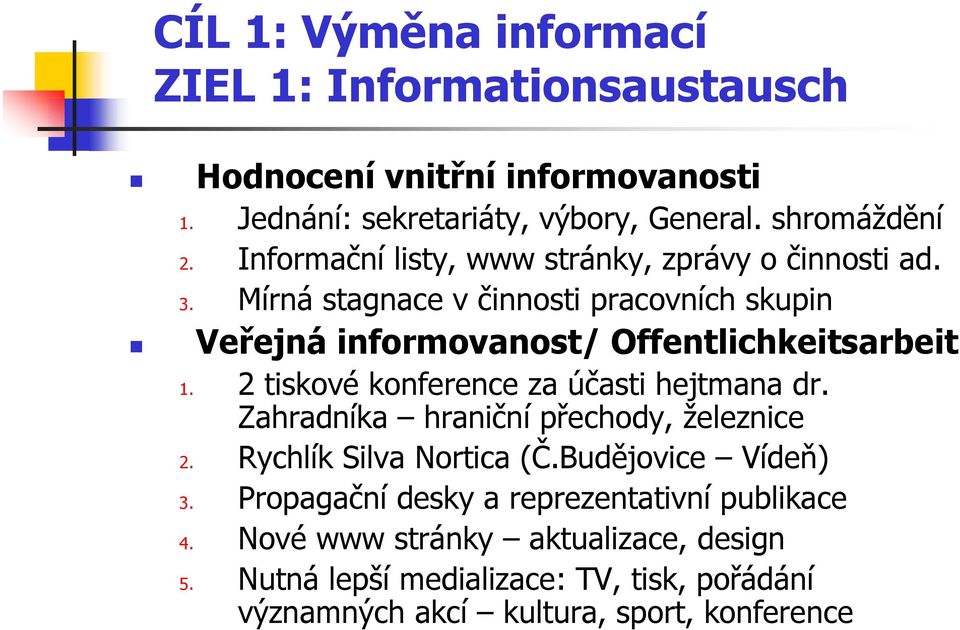 2 tiskové konference za účasti hejtmana dr. Zahradníka hraniční přechody, železnice 2. Rychlík Silva Nortica (Č.Budějovice Vídeň) 3.