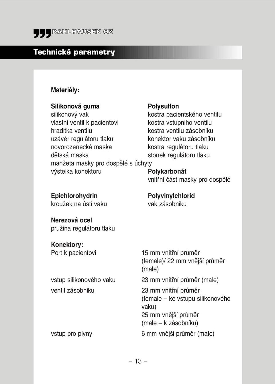 vnitfiní ãást masky pro dospûlé Epichlorohydrin krouïek na ústí vaku Polyvinylchlorid vak zásobníku Nerezová ocel pruïina regulátoru tlaku Konektory: Port k pacientovi vstup silikonového vaku ventil