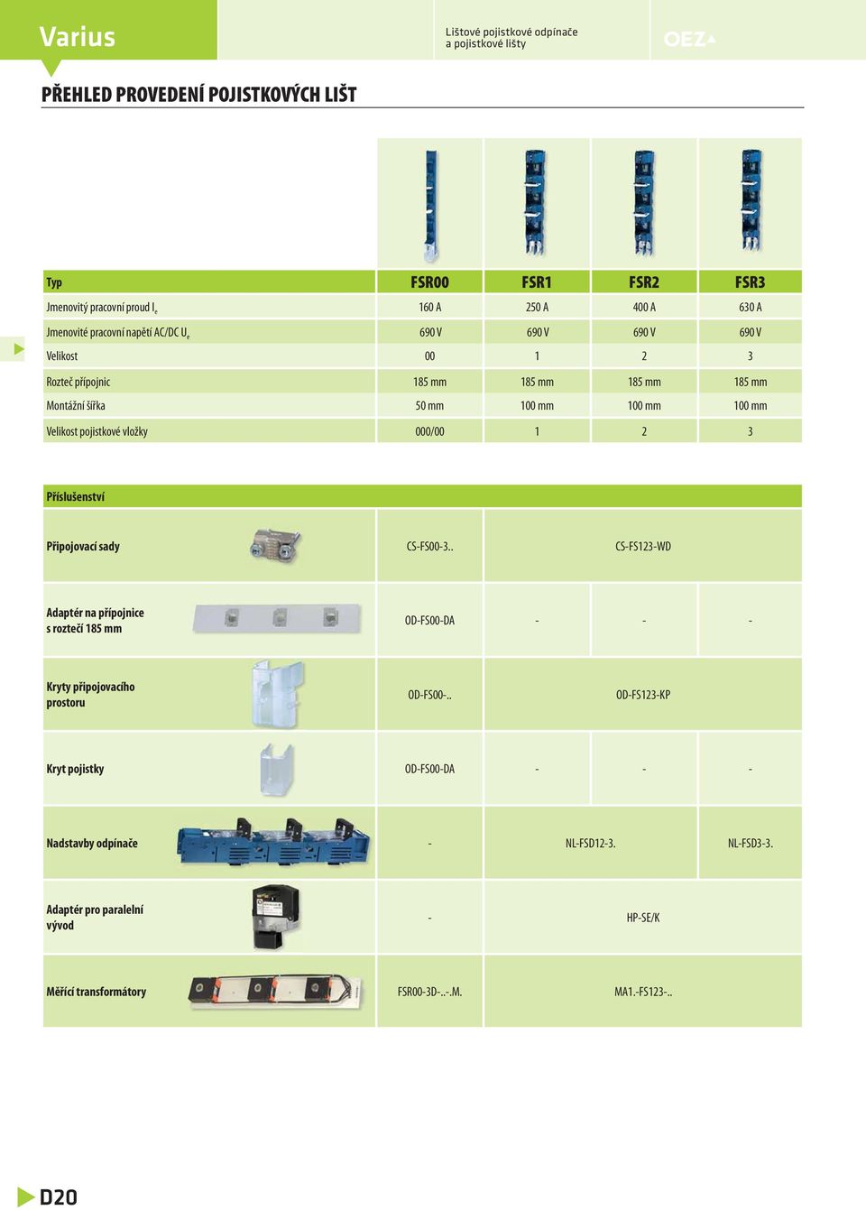 Příslušenství Připojovací sady CS-FS00-3.. CS-FS123-WD Adaptér na přípojnice s roztečí 185 mm OD-FS00-DA - - - Kryty připojovacího prostoru OD-FS00-.