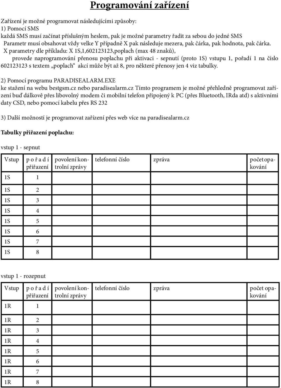 X parametry dle příkladu: X 1S,1,602123123,poplach (max 48 znaků), provede naprogramování přenosu poplachu při aktivaci - sepnutí (proto 1S) vstupu 1, pořadí 1 na číslo 602123123 s textem poplach