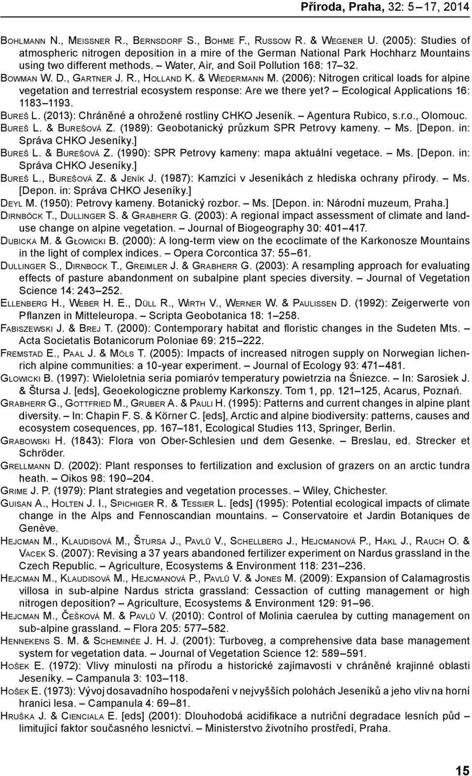 , Gartner J. R., Holland K. & Wiedermann M. (2006): Nitrogen critical loads for alpine vegetation and terrestrial ecosystem response: Are we there yet? Ecological Applications 16: 1183 1193. Bureš L.