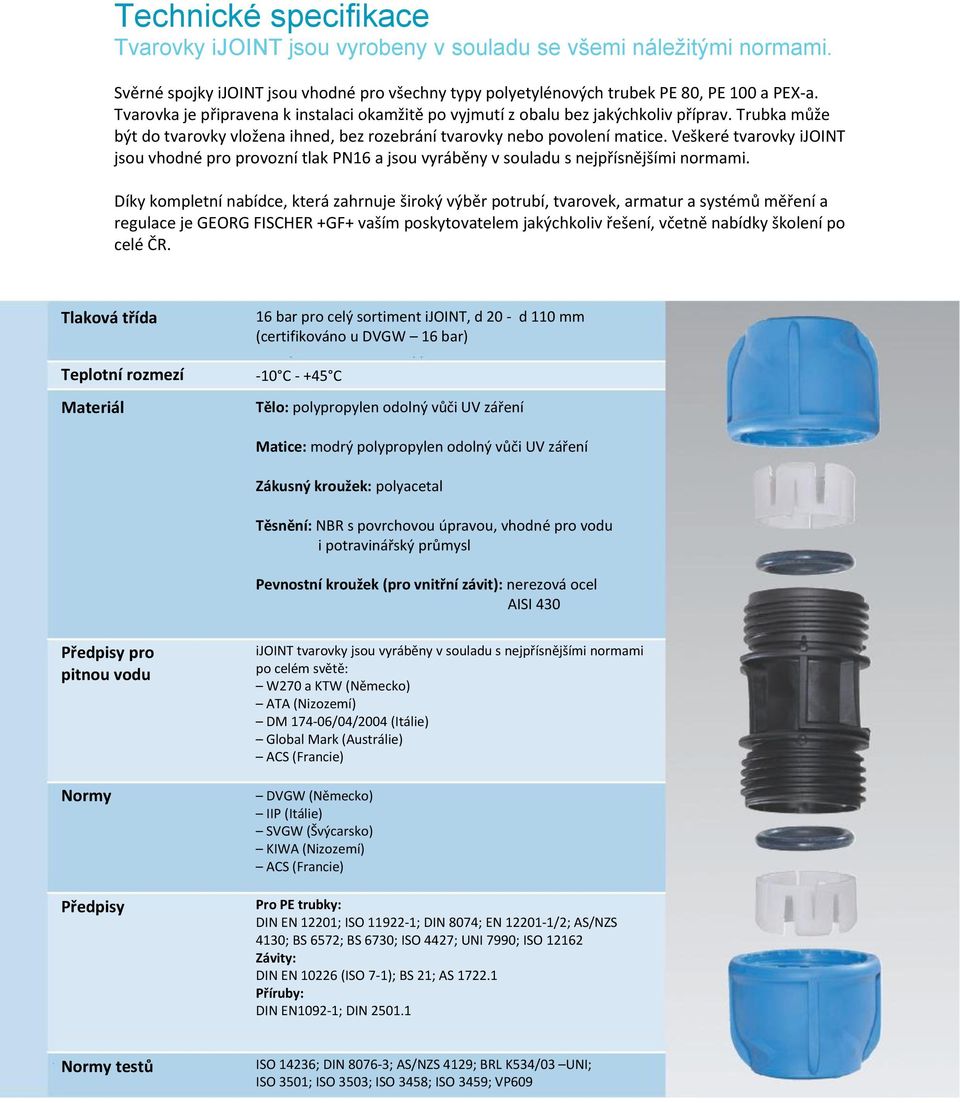 Veškeré tvarovky ijoint jsou vhodné pro provozní tlak PN16 a jsou vyráběny v souladu s nejpřísnějšími normami.