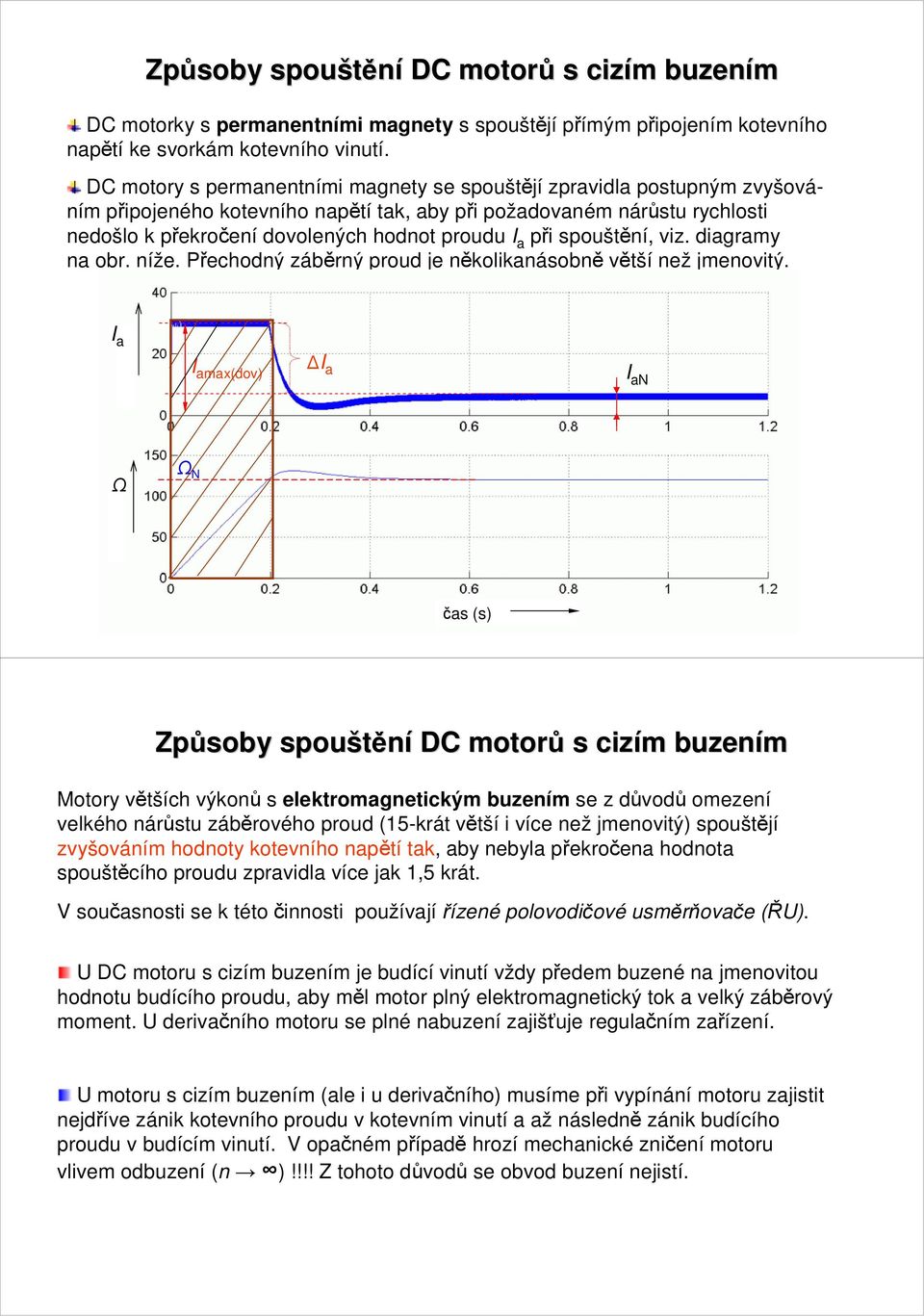 při spouštění, viz. diagramy na obr. níže. Přechodný záběrný proud je několikanásobně větší než jmenovitý.